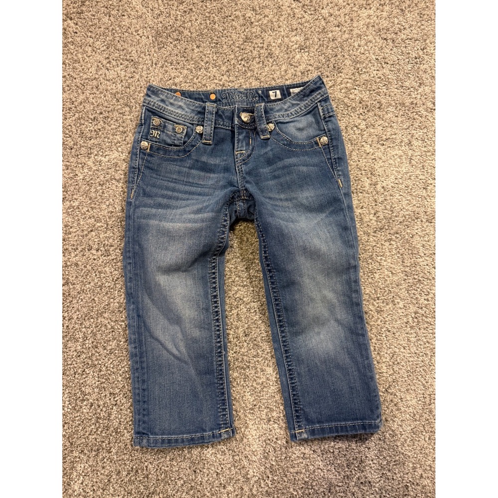 Miss Me Jeans Girls 7 Blue Embellished Denim Cuffed Capris Bling Flip Pocket